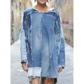 Mini robe droite en denim bleu vintage pour femmes manches longues décontracté col rond mode