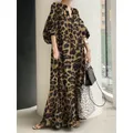 Robe longue imprimée léopard pour femmes robe d'été à manches bouffantes robe longue col en V