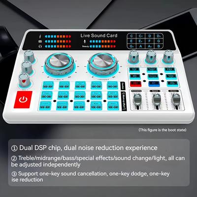 Podcast Equipment Recording Studio Mixer, White Live Sound Card, Live Stream Soundcard Double Dsp Noise Reduction Mixer For Live Karaoke Mobile Phones Computer Tablets