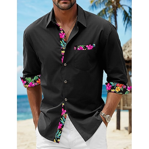 Herren Hemd Leinenhemd Sommerhemd Strandbekleidung Knopfhemd Blumen Urlaub Kreuzfahrt Schwarz Weiß Rosa Blau Langarm Revers Frühling Herbst Bekleidung Spleißen Image