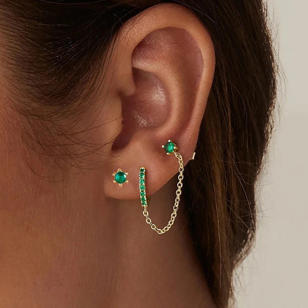 1pc Edelstahl grün weiß Zirkon Huggie Creolen für Frauen Doppel loch Kette Quaste Ohr stecker Ohrring Piercing Schmuck Image
