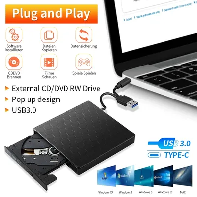 2in1 USB3.0 C Slim External DVD RW CD Writer Drive Burner Reader Player Optical Drives For Laptop PC