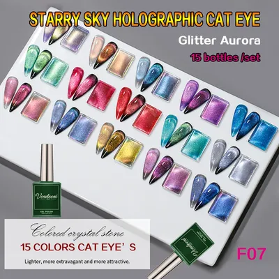 Vendeeni 15 Colors Glitter Aurora Sky Magnetic Nail Gel Holographic Cat Eye Gel Nail Polish Soak Off