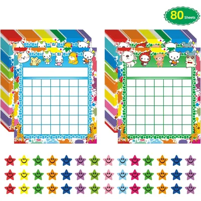 80 Pack Classroom Incentive Reward Chart for 2 Designs with 2400 Pieces Colorful Star Stickers for Students Classroom Teaching