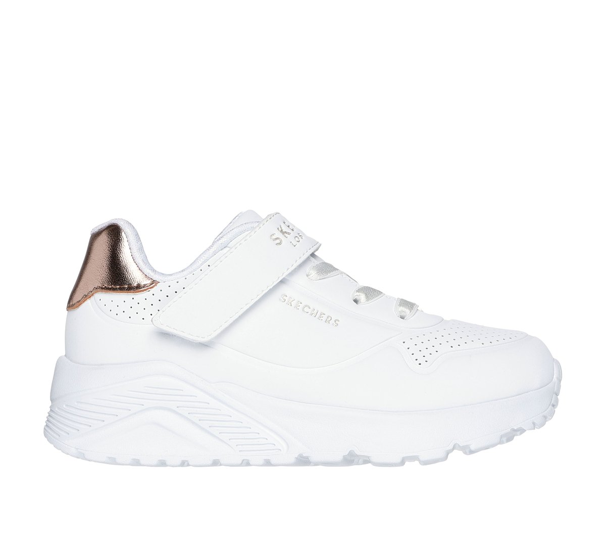 Skechers Girl's UNO Lite - Precious Shimmer Sneaker | Size 5.0 | White | Synthetic/Textile