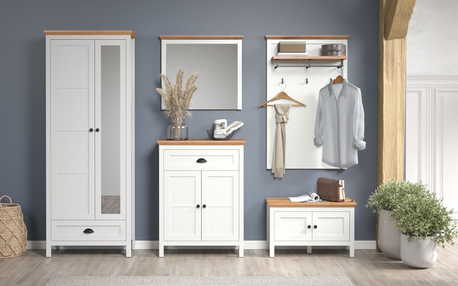 Garderoben-Set HOME AFFAIRE "Vienna", weiß (weiß, eiche), B/H/T: 261cmcm x 198cmcm x 39cmcm, Kastenmöbel-Sets, Komplettset bestehend aus: Schrank, Sitzbank, Paneel, Kommode, Spiegel