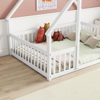 Full Wood House-Shaped Floor Bed with Fence, Guardrails for Kids