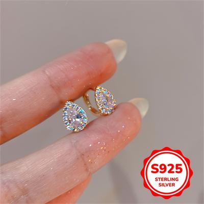 TEMU 2.3g Sterling S925 Silvery Vintage Eleganth Mini Water Drop Synthetic Zirconia Ear Clips Earrings For Women Birthday New Year Party Jewelry Gift Image