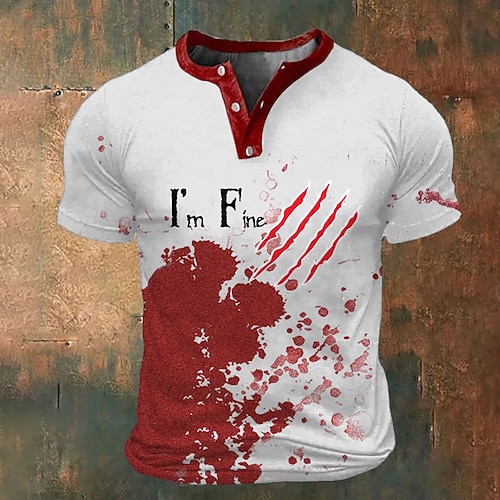 Herren Grafik Blutflecken Mir geht es gut T Shirt Kurzarm T-Shirt 3D-Druck Henley Hemd Mode Athleisure Straße Sport im Freien Schwarz / Rot Rot Sommer Frühling Bekleidung S M L XL 2XL 3XL Image
