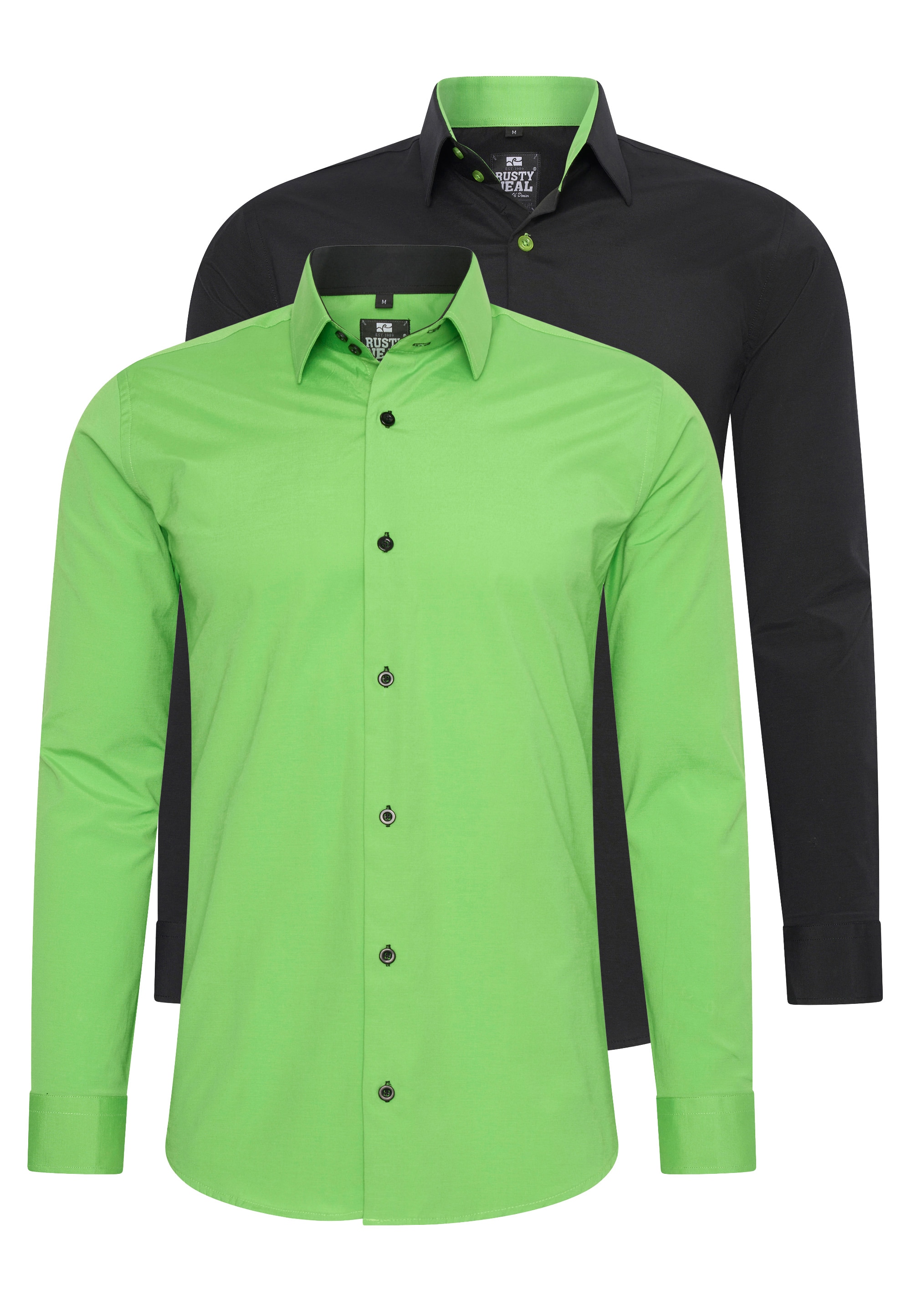 Langarmhemd RUSTY NEAL, Herren, Gr. M, EURO-Größen, grün (grün, schwarz), 60% Baumwolle, 37% Polyester, 3% Elasthan, unifarben, Hemden, im Slim-Fit geschnitten