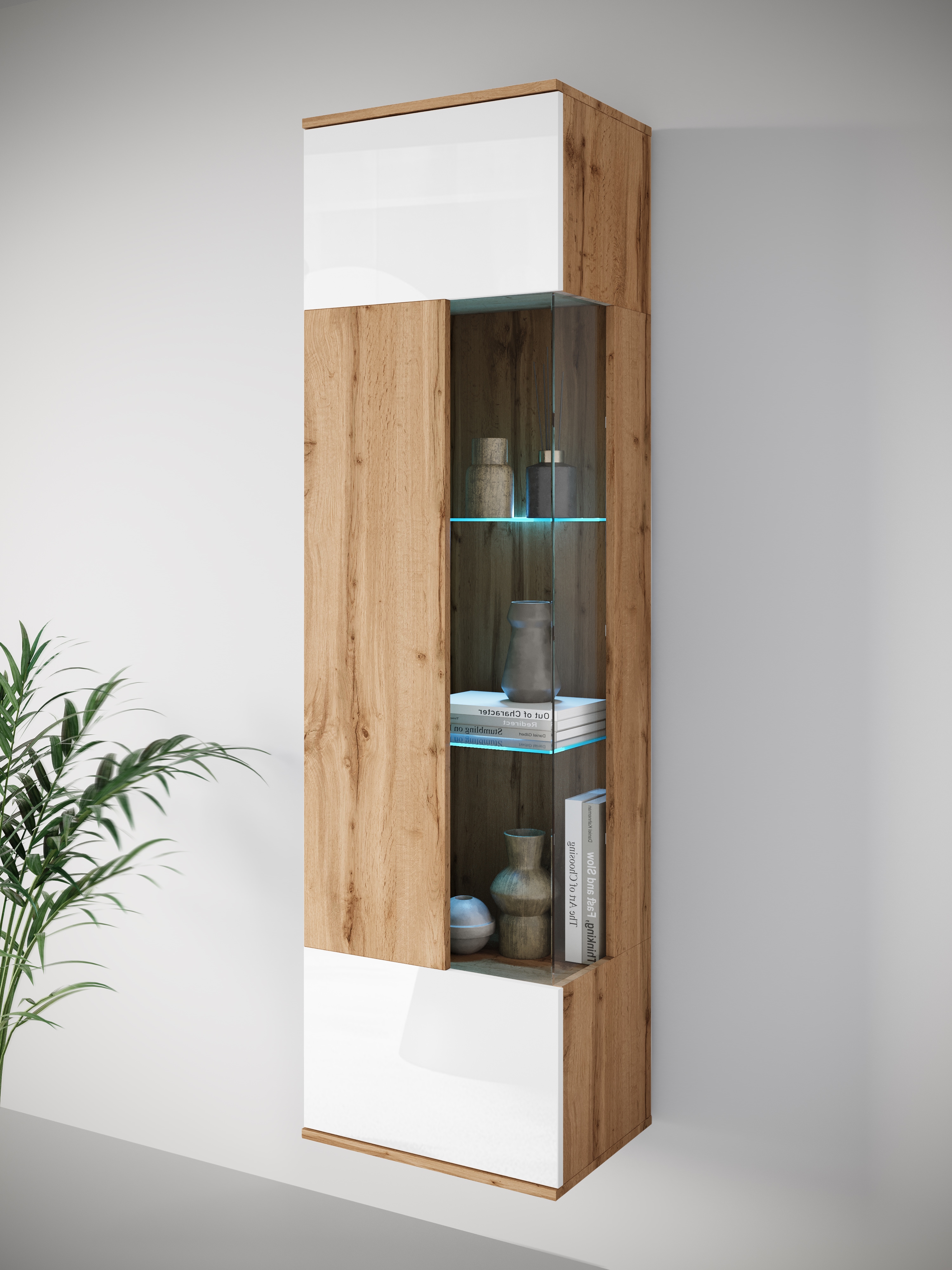 Vitrine INOSIGN "Kenia, stehend und hängend, Türanschlag wechselbar", beige (eichefarbe votan, weiß hochglanz), B:45cm H:161cm T:32cm, Schränke, Vitrineschrank mit Glastüren 160 cm Höhe Image