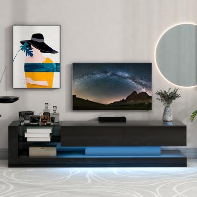 Modern TV Stand with 16-color RGB LED Strip Lights, Tempered Glass Shelves