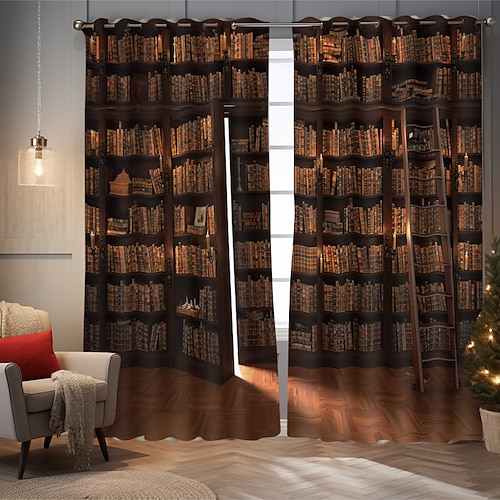 Vintage Bücherregal Verdunkelungsvorhänge Türisolierung Außenbalkon Rest Wohnzimmer Wohndekoration 2-teiliges Set mit 3D-Digitaldruck perforiert Image