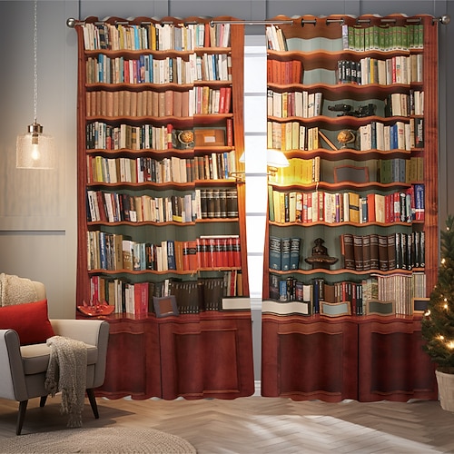 Vintage Bücherregal Verdunkelungsvorhänge Türisolierung Außenbalkon Rest Wohnzimmer Wohndekoration 2-teiliges Set mit 3D-Digitaldruck perforiert Image
