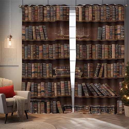 Vintage Bücherregal Verdunkelungsvorhänge Türisolierung Außenbalkon Rest Wohnzimmer Wohndekoration 2-teiliges Set mit 3D-Digitaldruck perforiert Image