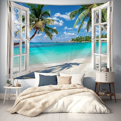 Fenster Ozean Boot hängen Wandteppich Kunst große Wandteppich Wandbild Dekor Fotografie Hintergrund Decke Vorhang Haus Schlafzimmer Wohnzimmer Dekoration Wandtuch XXL Natur Image