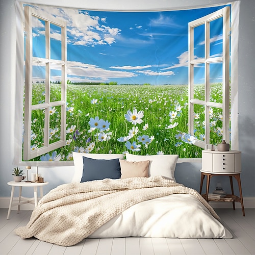 Fenster Blumen Feld hängen Wandteppich Kunst große Wandteppich Wandbild Dekor Fotografie Hintergrund Decke Vorhang Haus Schlafzimmer Wohnzimmer Dekoration Wandtuch XXL Natur Image