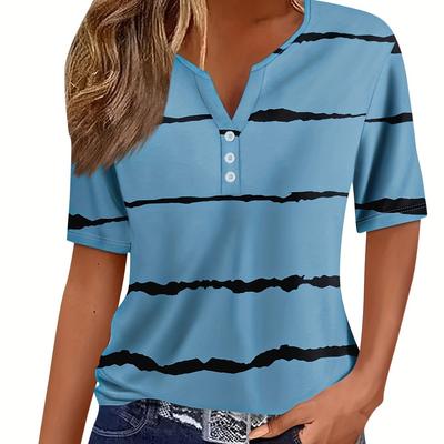 TEMU Women's Casual Button-up Short Sleeve V-neck T-shirt - Horizontal Striped Pattern, Breathable & Machine Washable, Versatile For Spring/summer Casual Or Semi-formal Wear, Durable Fabric Shirt Image