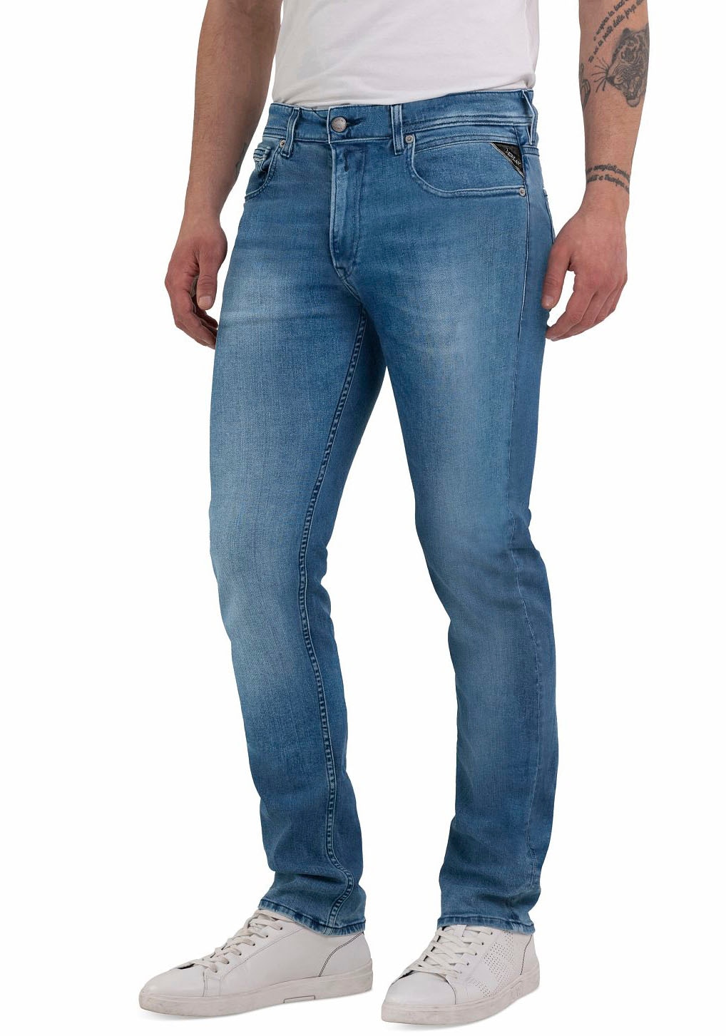Straight-Jeans REPLAY "GROVER", Herren, Gr. 34, Länge 34, blau (blau c39), Denim/Jeans, Obermaterial: 94% Baumwolle, 4% Elastomultiester, 2% Elasthan, straight fit lang, Jeans Straight-Jeans, in vielen verschiedenen Waschungen, mit Stretch