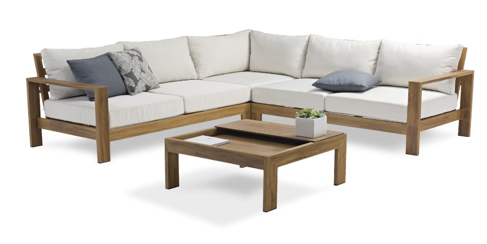 Salotto da giardino ad angolo 5 posti in alluminio effetto legno