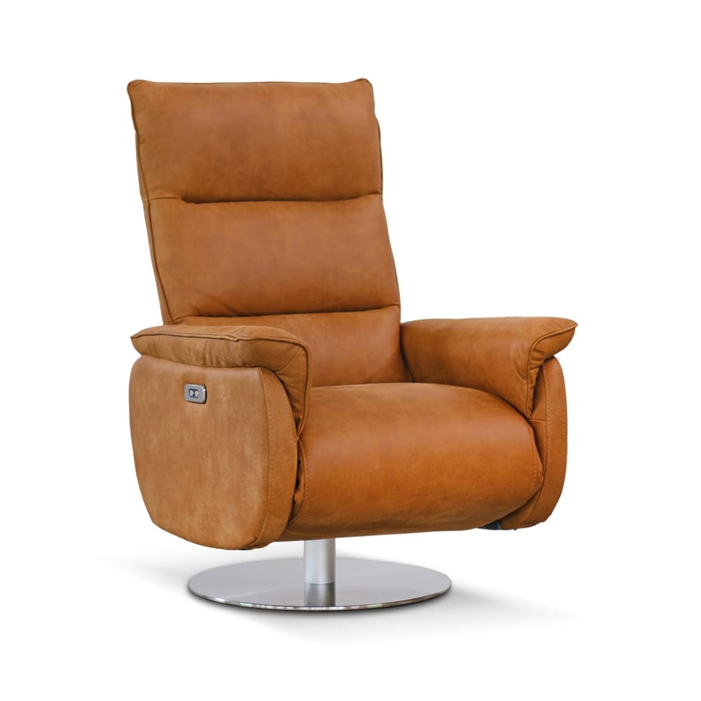 Poltrona relax elettrica girevole in pelle fiore cognac