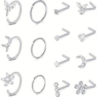 14pcs Stainless Steel Nose Rings L-shaped Nose Stu...