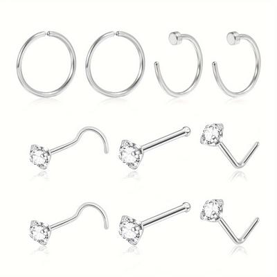 10pcs 20g Nose Rings And 20g Nose Studs For Women Men, 316l Stainless Steel Nose Rings L Shape/corkscrew/bone Nose Studs Real Body Piercing Jewelry Cz 3mm Hoop Helix Cartilage Daith Tragus Earrings