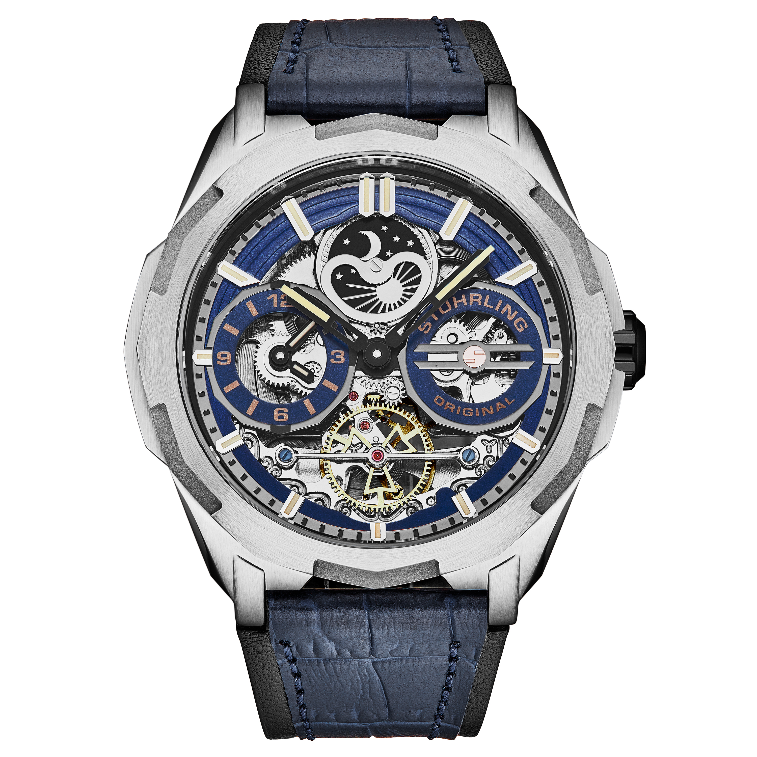 Stührling Mens Dual Time Automatic Navigator 46mm Skeleton - Blue - One Size | Stührling Sale | Discount Designer Brands