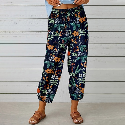 Damen Kunstbaumwollleinen Hosen Hose Alltagstauglich Knöchellang Blumen Grafik Kordelzug Druck Atmungsaktivität Bequem Unelastisch Wochenende Blau Schwarz Marineblau Orange Frühling Sommer Normale Image