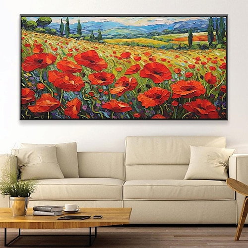 Ölgemälde, handgemaltes Mohnfeld-Gemälde, Kunstwerk, handgefertigtes Wildblumen-Ölgemälde, Landschaft, rote Mohnblumen, Ölgemälde für Wohnzimmer, Schlafzimmer, Hotelwand, Heimdekoration Image