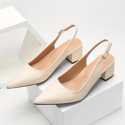 TEMU Women's Elegant Pointed Toe Block Heel Pumps With Ankle Strap, Solid Color Synthetic Mid Heel , Fashionable Open Back Party High Heels