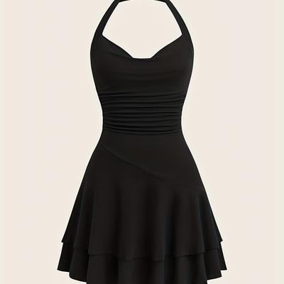 TEMU Solid Color Halter Neck Dress, Sexy Ruffle Hem Slim Halter Dress For , Women's Clothing Image