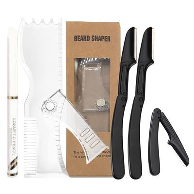 5pcs/set Men's Beauty Tools Set, 5-in-1 Men's Beard Modeling Ruler Shaping Styling Tool, Beard Outlining Pen And 3 Razors, Suitable For Moustache Hair Trimming