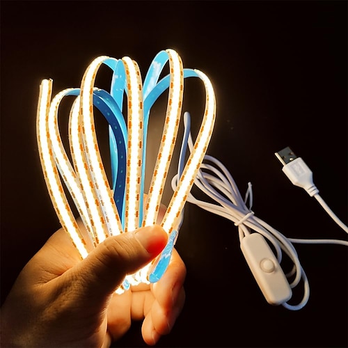 wasserdichter COB-USB-5-V-LED-Lichtstreifen, hochglänzender, weicher, flexibler LED-Lichtstreifen mit USB-Schalter, 1–5 m, 480 LEDs/Meter, wasserdichtes, flexibles, selbstklebendes Sicherheitsband, Image