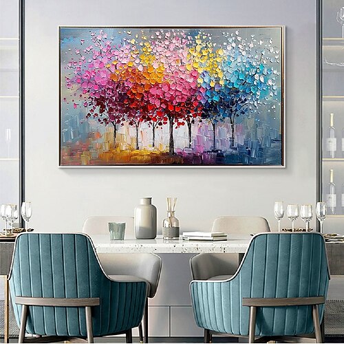 bunte Bäume Ölgemälde auf Leinwand große handgemalte Wandkunst abstrakte Wald Ölgemälde Wandkunst Landschaft Ölgemälde moderne Blumen Baum Gemälde für Wohnzimmer Wohnkultur Geschenk Image