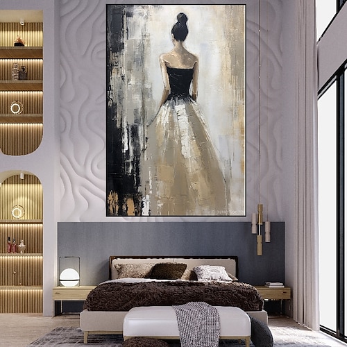 Ballerina-Gemälde in Beige- und Grautönen, 100 % handgemalt, strukturiertes Ballerina-Tänzer-Gemälde, abstraktes Acryl-Ölgemälde, Wanddekoration, Wohnzimmer, Büro, Wandgemälde