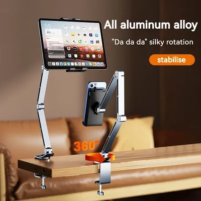 Long Cantilever Phone Tablet Stand Aluminium alloy 360° Mechanical Rotation Folding Desktop Headrest