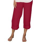 Womens Capri Pants Solid Color Ankle Pants Football Elastic Waisted Ruched Linen Pants Wide Leg Trousers Relaxed Fit Beach Streetwear White Pant with Pocket(Red XXL)