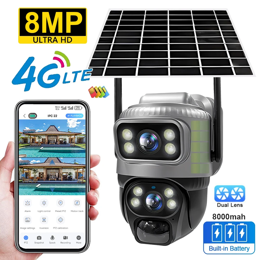 V380 Dual Lens 4G Kamera Solar PIR Menschliche Erkennung Nachtsicht Wasserdichte Sicherheit Video IP Camara 8MP 4K Batterie CCTV Monitor Image