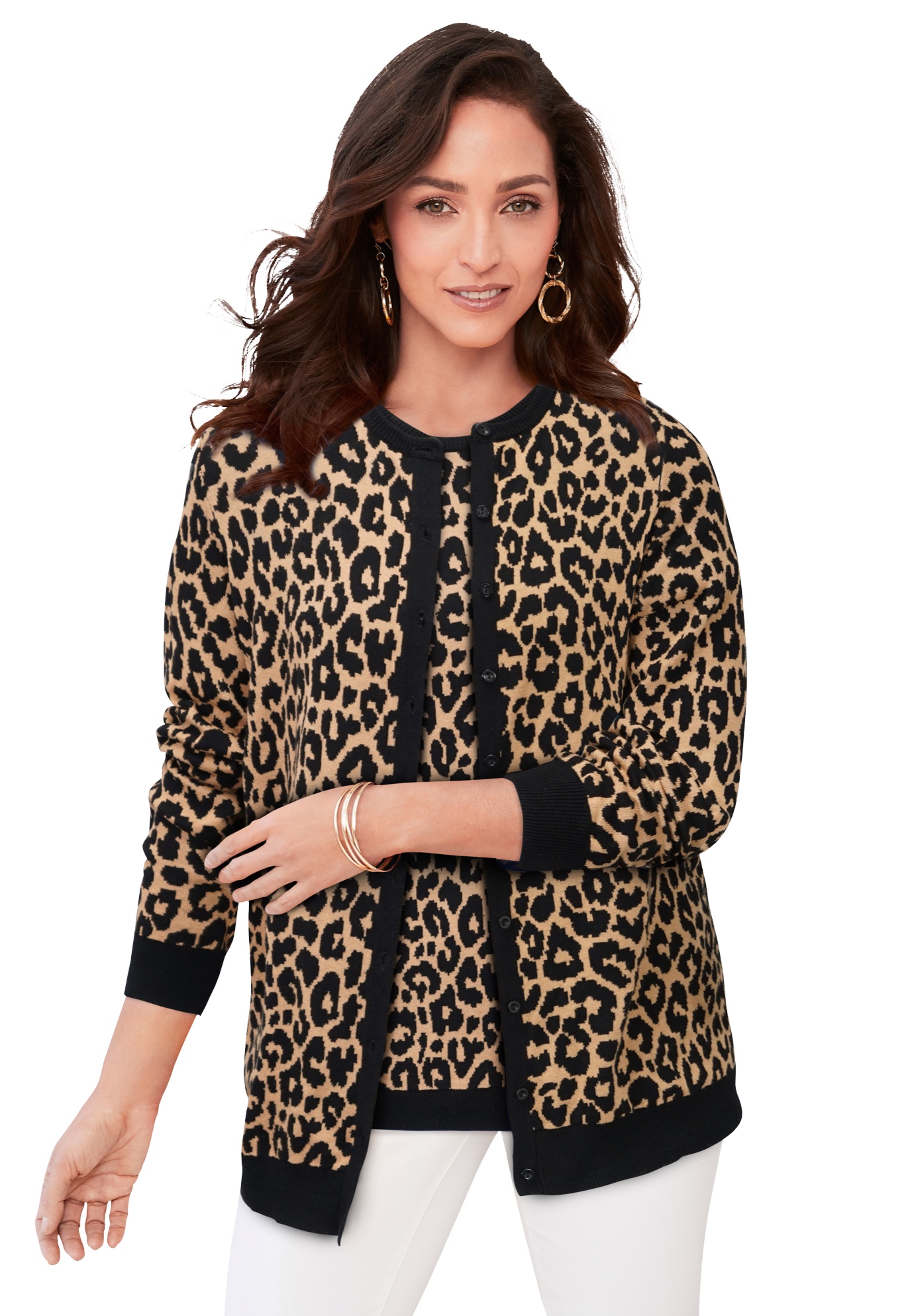 Plus Size Women's Fine Gauge Cardigan by Jessica London in Neutral Classic Cheetah (Size 18/20) Sweater