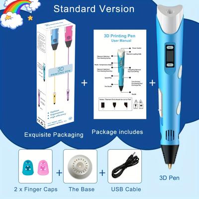 Upgraded 3d Printing Pen With Metal Tip & Display - Simple Set Includes 3d Pen, 2pcs Finger Caps, Stand & Usb Cable
