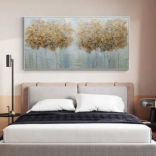 Ölgemälde, handgemaltes Baumwaldgemälde auf Leinwand, handgefertigt, groß, abstrakt, goldfarben, groß, goldblau, Landschaft, Acrylölgemälde, modernes Kunstwerk für Wohnzimmer, Wandkunst, Dekor Image