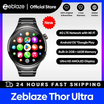 [Flagship 2024]Zeblaze Thor Ultra 4G Smart Watch AMOLED Screen 16GB Android OS Google Play Stainless Steel Wristband Version