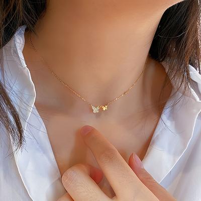 TEMU 2.1g S925 Sterling Silvery Golden-plated Necklace For Women, Elegant And Minimalist Glossy Synthetic Zirconia Double Pendant, Collarbone Chain, Valentine's Day Commemorative Gift Image
