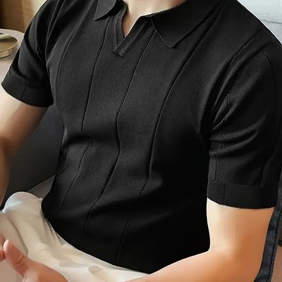 TEMU Men' Stripe Pattern Knit Short Sleeve And V-neck Lapel Sports Shirt, Casual And Chic For Summer Golf Wear And Outdoors Activities Image