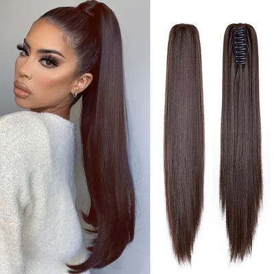 Synthetic Long Straight Claw Clip Ponytail Hair Extensions 22 Inch Heat Resistant Synthetic Hairpiece Clip On Drawstring Ponytails For Women Christmas New Year
