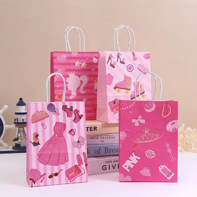 StoBag, Pink Doll Gift Wrapping Kraft Paper Tote Bag, for Birthday, Packing Candy Snack, Decoration