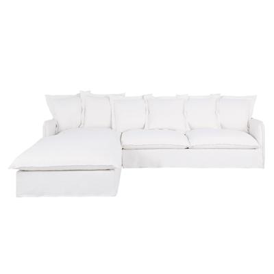 Ausziehbares 5/6-Sitzer-Ecksofa mit Ecke links aus Premiumleinen, nachtblau, Matratze 6cm