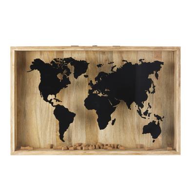 Wanddeko Korkenhalter aus Mangoholz und bedrucktem Glas mit Weltkartenmotiv, 110x71cm