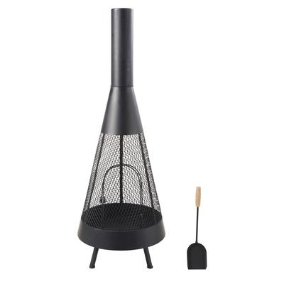 Outdoor-Feuerstelle aus schwarzem Metall mit Schaufel